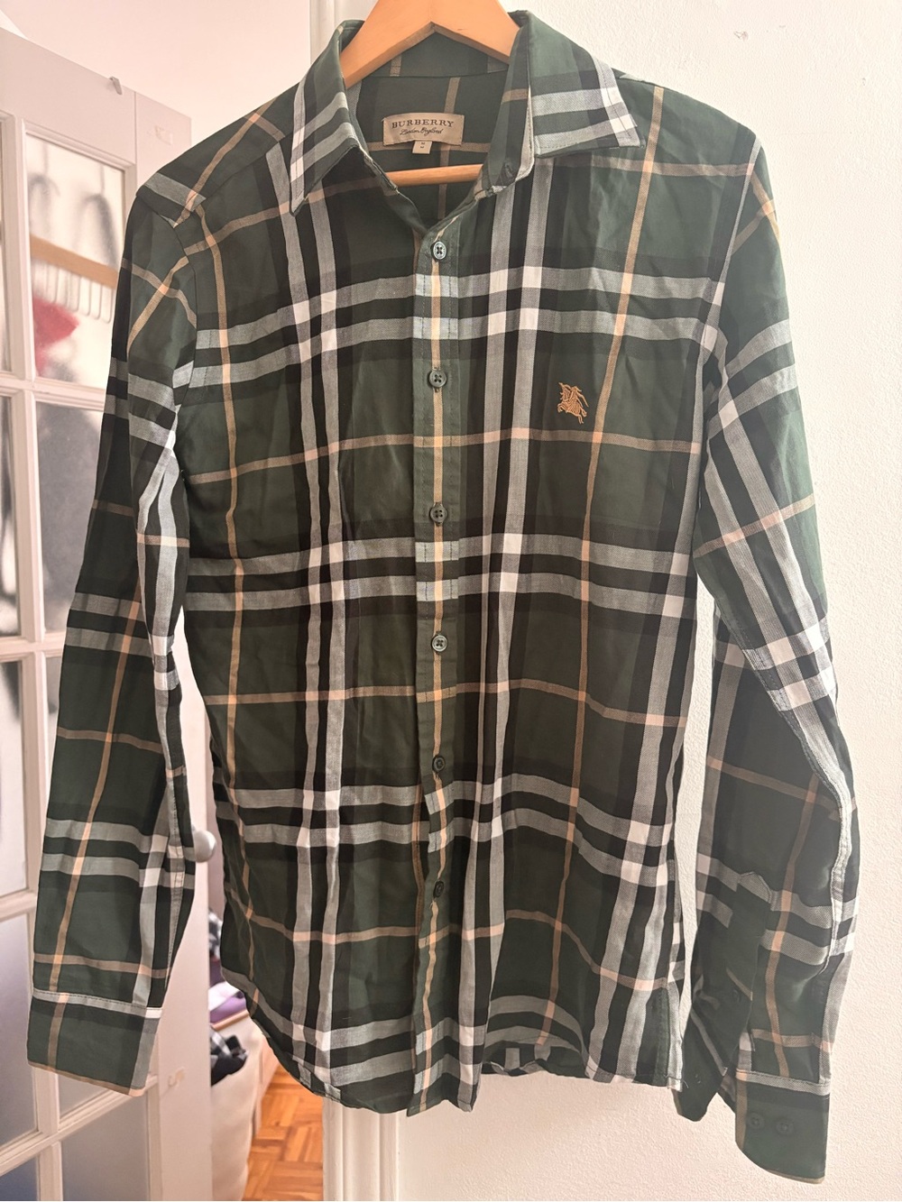 Authentic Burberry Green and White Plaid Button-Down Shirt